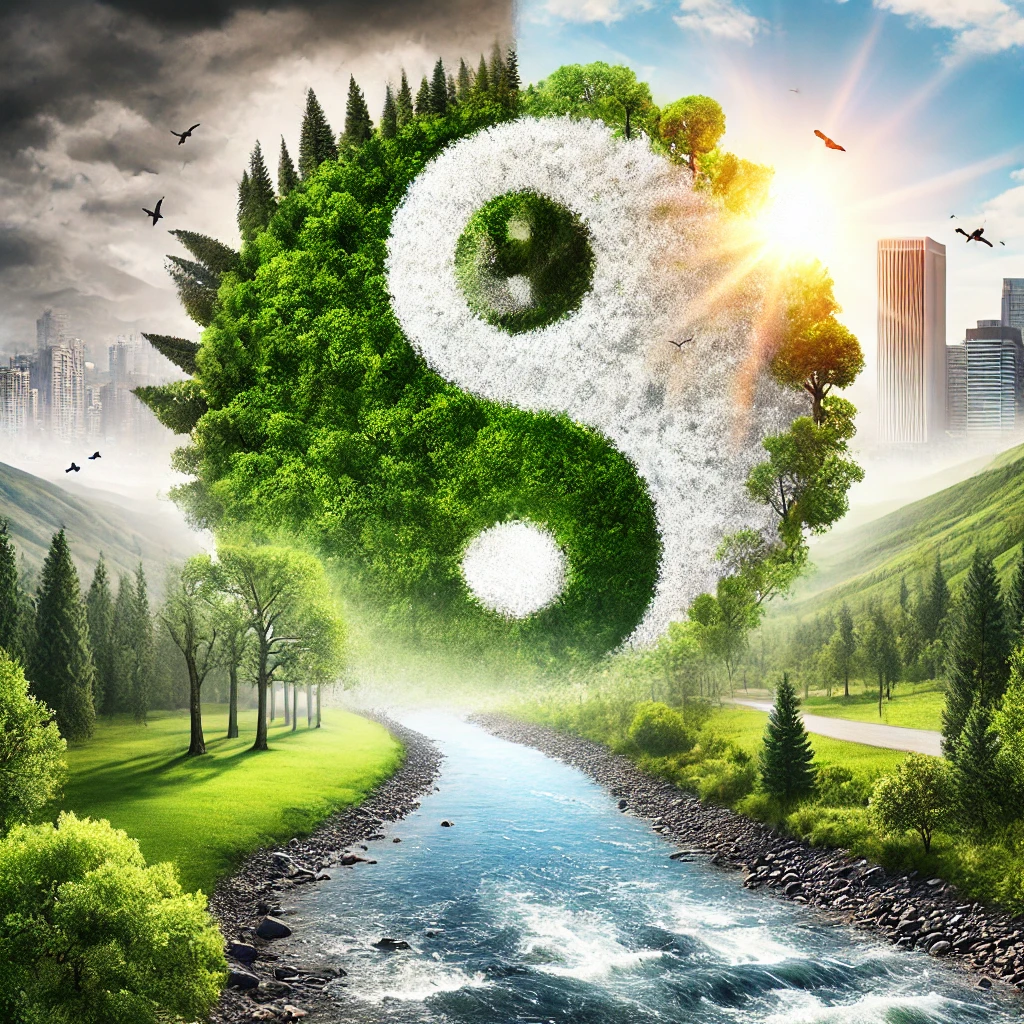 "Imagen de equilibrio entre la naturaleza y la ciudad, representada con un símbolo de yin y yang. Muestra la armonía entre un paisaje natural verde y un entorno urbano."