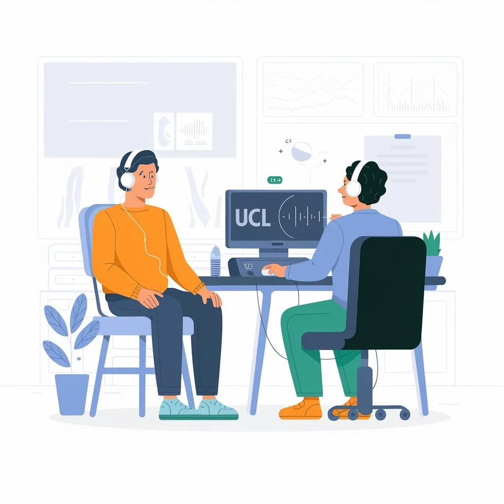 Una ilustración divulgativa de un audiólogo midiendo el nivel de volumen incómodo (UCL) en una clínica auditiva moderna