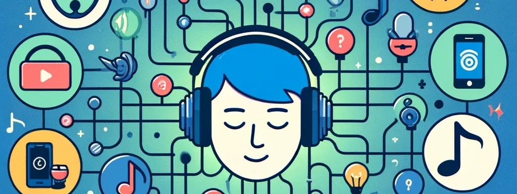 Una ilustración mostrando la conexión de Auracast entre diversas fuentes de audio y audífonos, simbolizando facilidad de acceso y experiencias auditivas mejoradas.