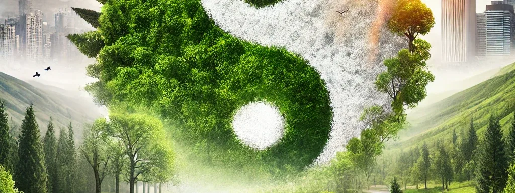 "Imagen de equilibrio entre la naturaleza y la ciudad, representada con un símbolo de yin y yang. Muestra la armonía entre un paisaje natural verde y un entorno urbano."